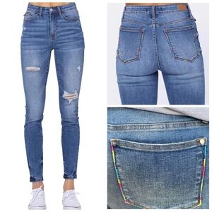 Judy Blue Multicolor Embroidery Pocket High Waist Jeans! Rainbow Stitching EUC